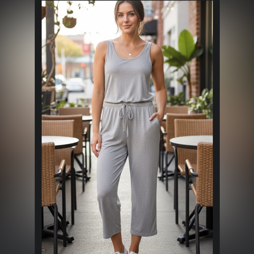 Daily Ritual Light Gray Sleeveless Knit Jumpsuit with Drawstring Waist